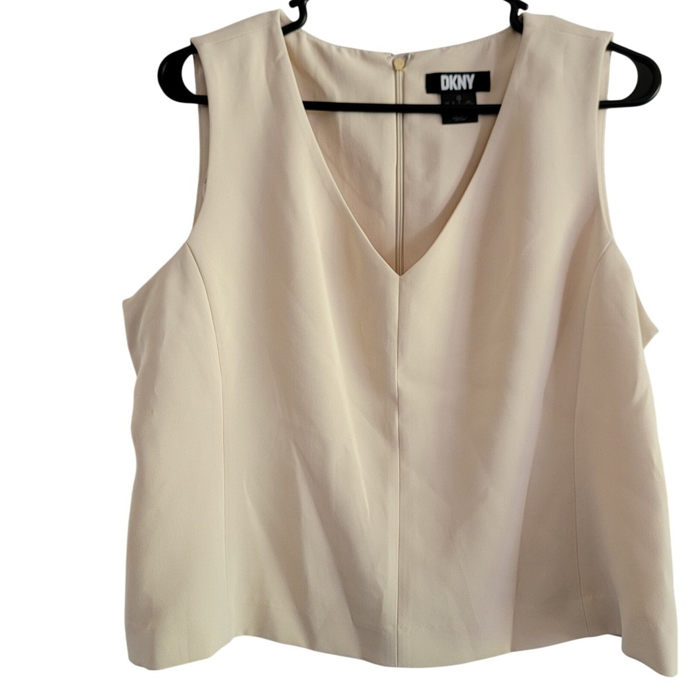 DKNY Sleeveless Top V-Neck Career Casual Blouse Ivory Cream Petite 14P